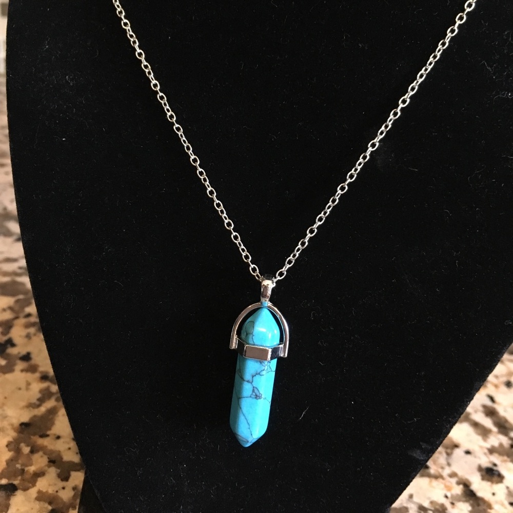 Boho Turquoise Blue Marble  Pendant Necklace with silver chain NWT - Picture 3 of 5